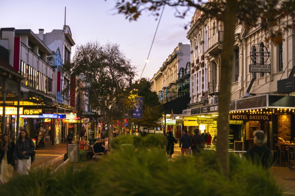 Cuba St, Wellington, in the evening.