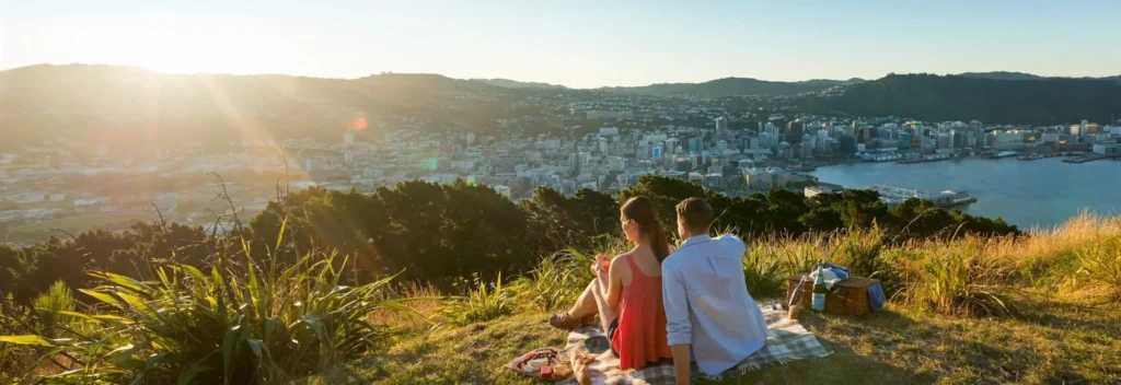A couple having a picnic at the top of Mt Victoria, overlooking Wellington City.